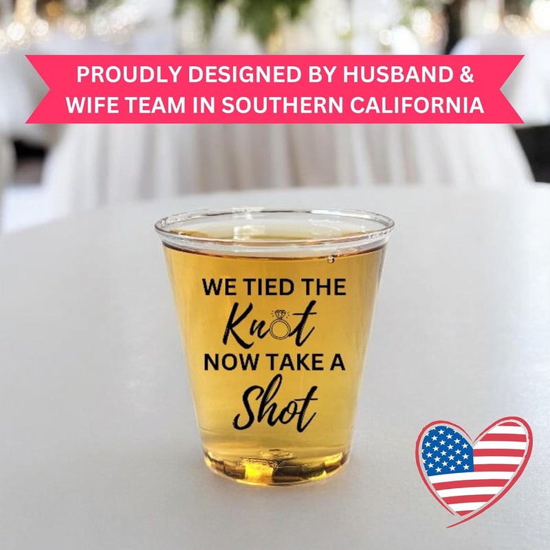 Cloverjoyed Disposable Plastic Wedding Shot Glasses, 200 Pack, 'We Tied the Knot Now Take a Shot' with Ring Design, Perfect for Weddings, Bridal Showers, Engagement Parties - Image 4